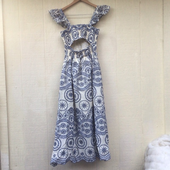 Zara Openwork embroidered floral eyelet Blue and White ruffle sleeves Maxi Dress - Picture 2 of 16